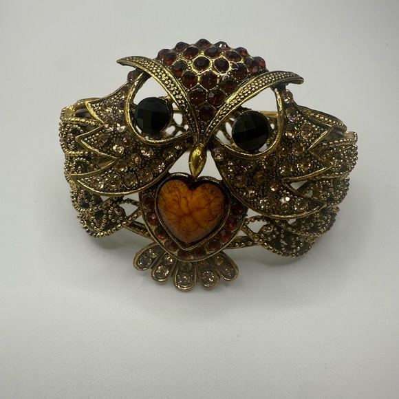 Antiqued Tone Owl Clamper Bracelet Rhinestone Statement Goth Heart Crystal Cuff - Picture 8 of 9